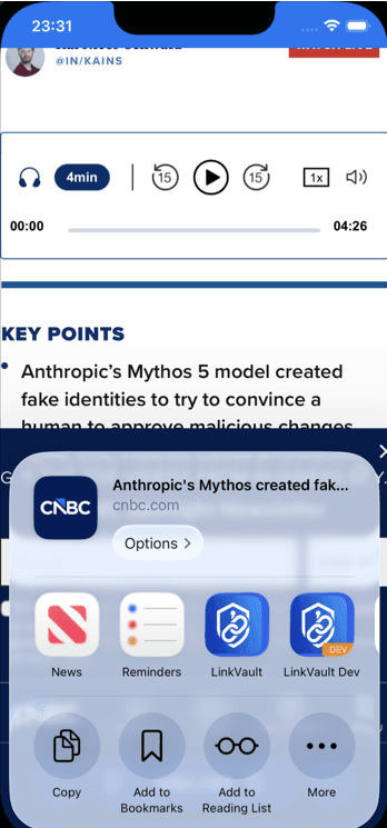 iOS share sheet with LinkVault saving an article