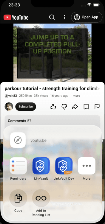iOS share sheet with LinkVault saving a YouTube link