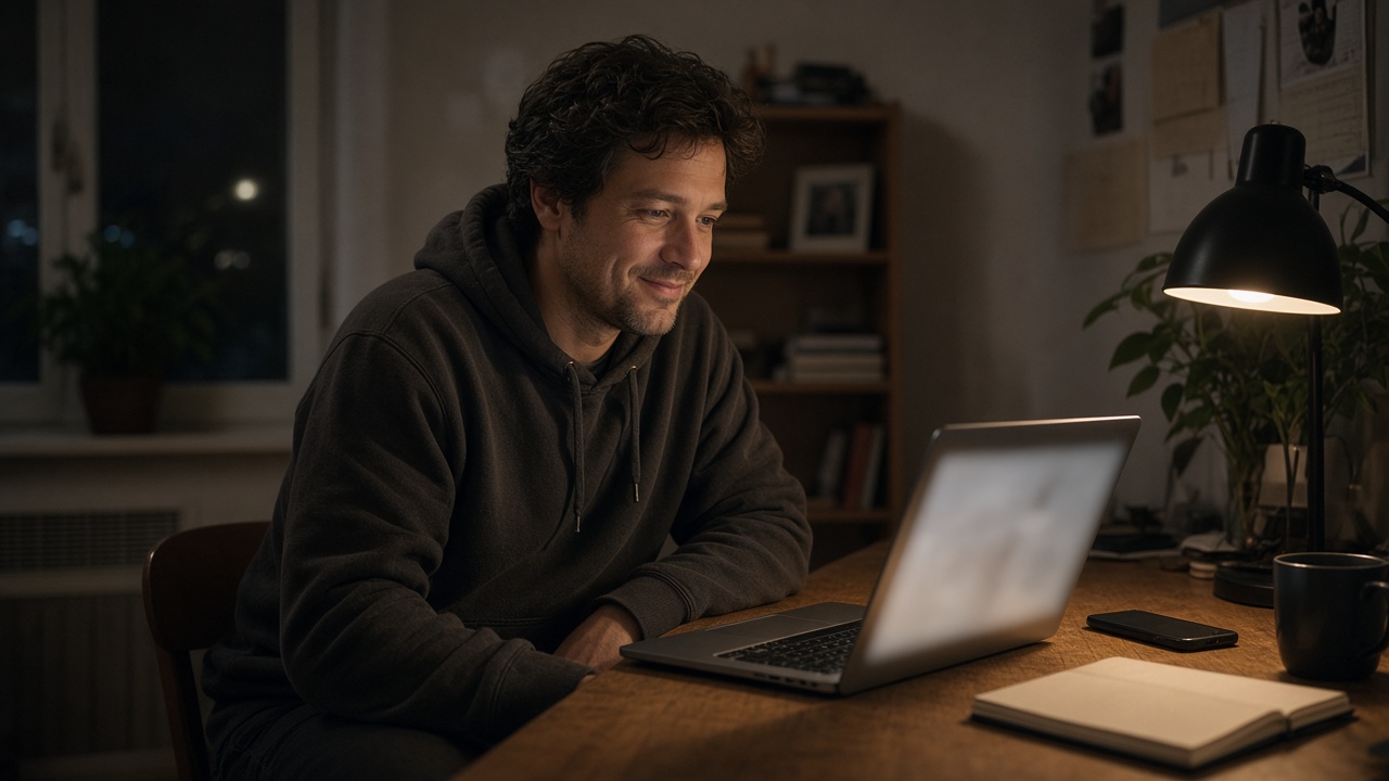 Am Schreibtisch, der Laptop ist auf