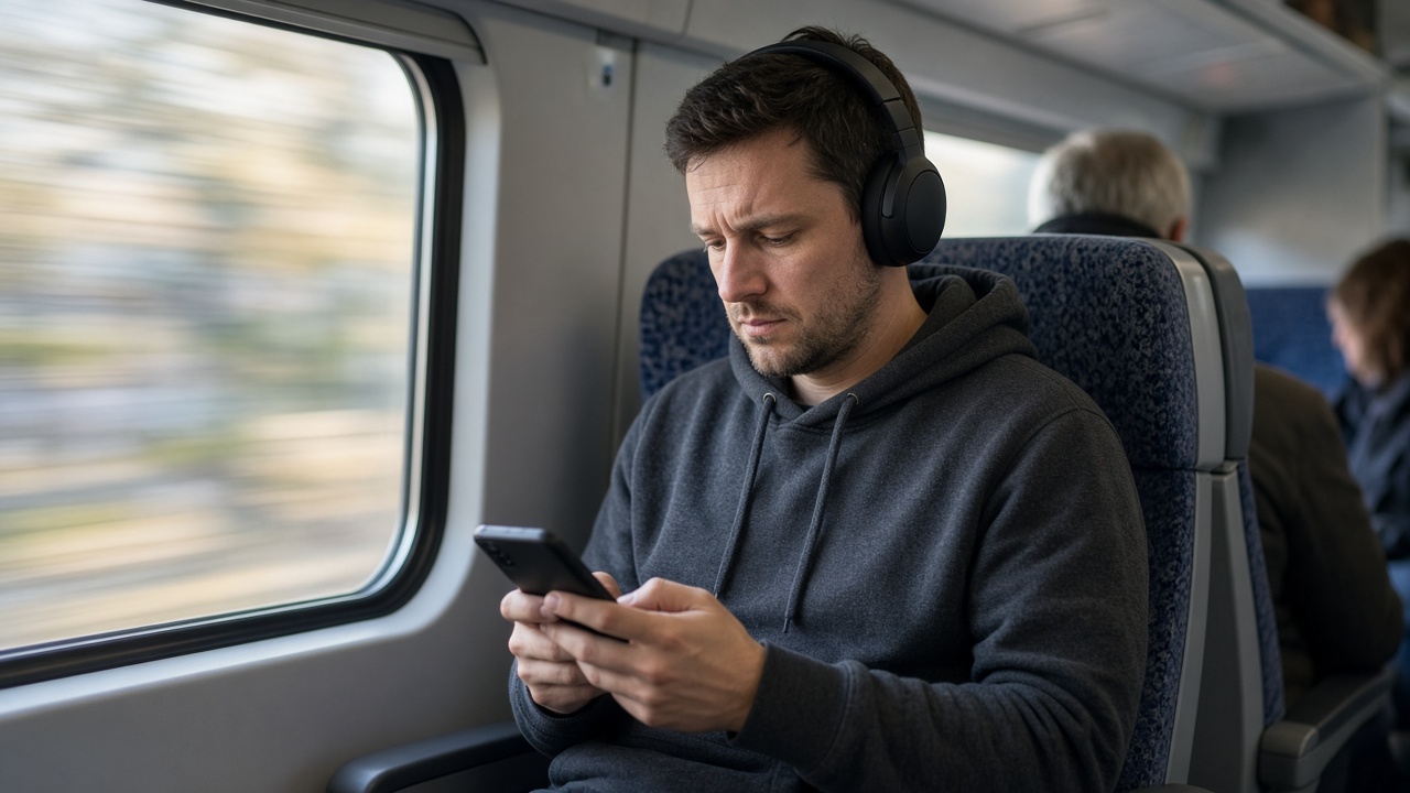 Pendler im Zug, das Handy in der Hand